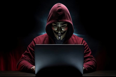 Hacker with Anonymous mask on notebook