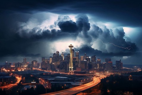 Storm with heavy thunderclouds and lightning over a major city by the sea