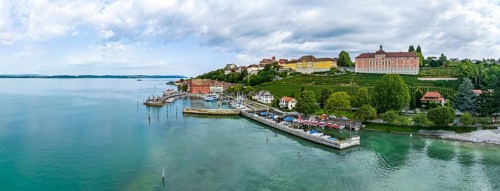 Town view of Meersburg on Lake Constance with boat landing stage