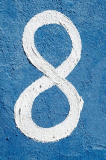 House number sign number eight on blue house wall