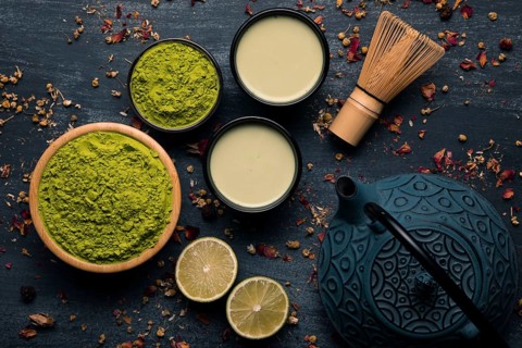 Top view collection green tea powder teapot