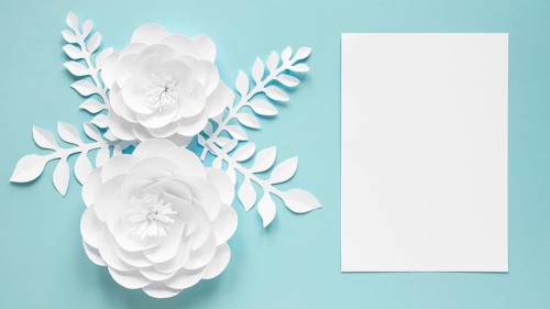 Top view card with paper flowers women s day