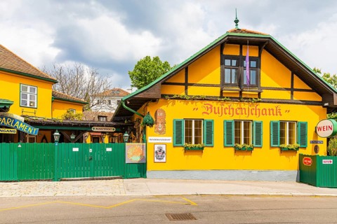 Buschenschank with yellow facade and green shutters