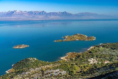 View over Lake Scutari with the island of Beska near the village of Donji Murici