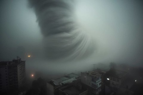 A devastating tornado rages over a major city
