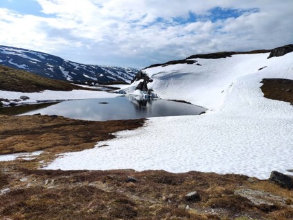 Lake surrounded by snow-capped mountain