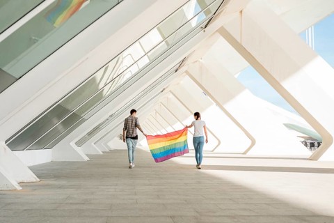 Lgbt couple holding rainbow flag