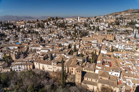 View from the castle complex of the Alhambra to the former Moorish residential quarter Albaicin in Granada