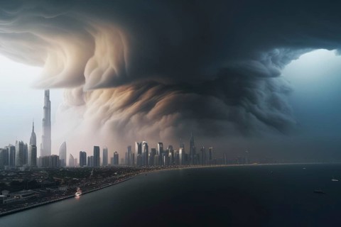 A devastating tornado rages over a major city