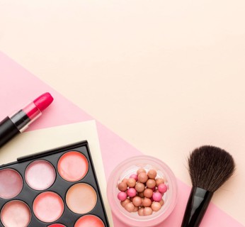 Top view collection beauty products with copy space