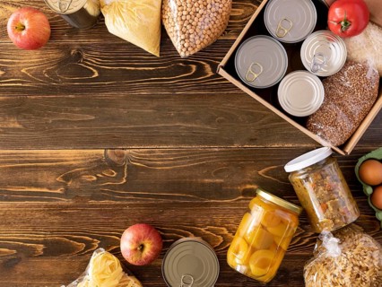 Top view food donation with box
