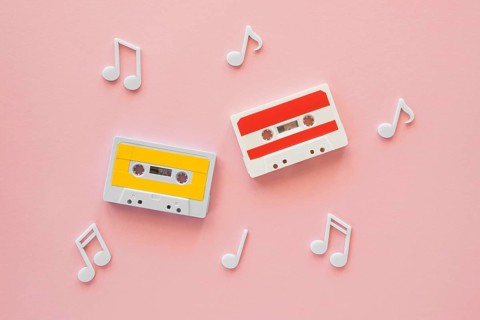 Top view music concept with casette