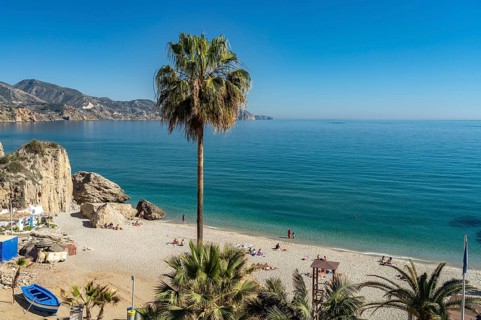 View from the Balcon de Europa to the beach Playa de la Calahonda in Nerja
