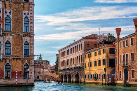 Beautiful view of classic Venetian landscape. Waterfront palaces