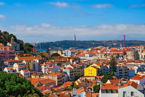 Lisbon famous view from Miradouro dos Barros tourist viewpoint over Alfama old city district