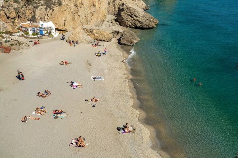 View from the Balcon de Europa to the beach Playa de la Calahonda in Nerja