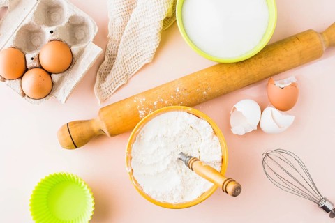 High angle view ingredients baking cake