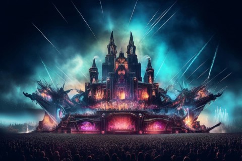 Concert stage at a huge rave festival