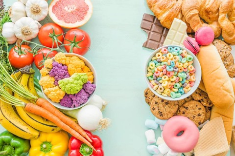 Overhead view unhealthy healthy food background