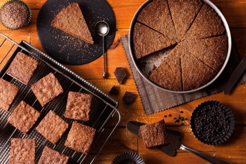 Top view chocolate cake ready be served