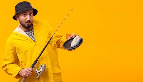 Front view fisherman holding fishing rod with catch plate