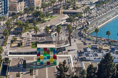 Harbour promenade Muelle Uno with the Pompidou Museum seen from above
