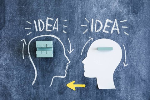 Two brains exchanging information transference with wooden blocks arrows chalkboard