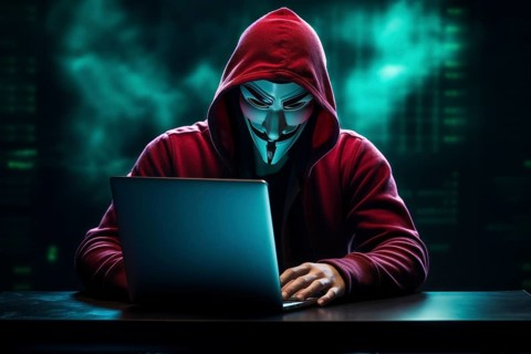 Hacker with Anonymous mask on notebook