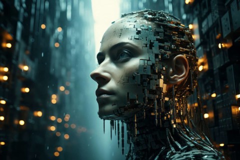 A young woman merges with the digital world of AI