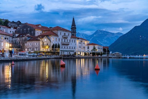 Perast with the Sveti Nikola Church on the Bay of Kotor at dusk