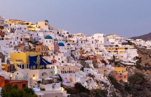 View of village of Ia from Oia castle at dusk