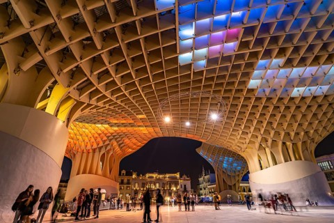 The futuristic wooden construction and observation deck Metropol Parasol at the Plaza de la Encarnacion at dusk