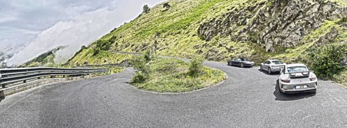 Photo with reduced dynamics saturation HDR of view on hairpin bend serpentine of mountain pass road Passo della Teglia