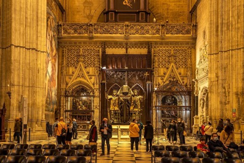 Christopher Columbus' sarcophagus in the interior of Santa Maria de la Sede Cathedral in Seville