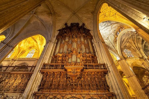 Church organ in the interior of the Cathedral of Santa Maria de la Sede in Seville