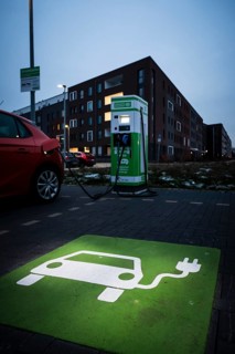 An e-car charges at a public charging station in Duesseldorf