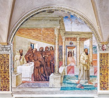Benedict breaks a cup of poisoned wine with a sign of the cross