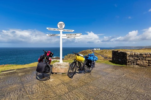 Two e-bikes at the famous signpost to New York