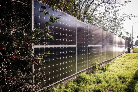 Solar panels as a garden fence and privacy screen of a house on a street in Langenfeld