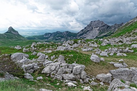 Mountain and rocky landscape around the Durmitor massif and the Dinarides mountain group. The Durmitor National Park surrounding the massif is a UNESCO World Heritage Site. Zabljak