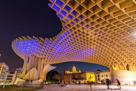 The futuristic wooden construction and observation deck Metropol Parasol at the Plaza de la Encarnacion at dusk
