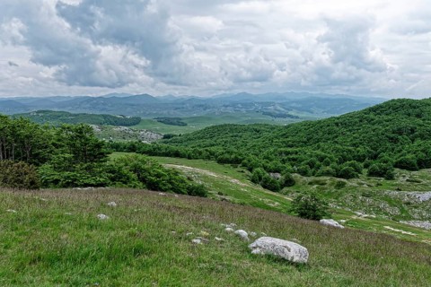 Mountain landscape around the Durmitor massif and the Dinarides mountain group. The Durmitor National Park surrounding the massif is a UNESCO World Heritage Site. Poscenski Kraj