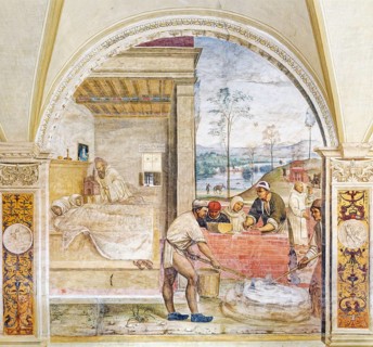 Benedict appears to two monks and gives them instructions to build a monastery