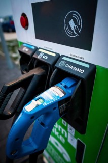 Different plugs of a public charging station for e-cars of the Stadtwerke Duesseldorf