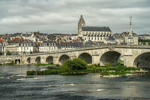 City view with the bridge over the Loire and the Roman Catholic Cathedral Saint-Louis