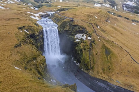 Aerial view over Skogafoss