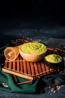 Bowls with green matcha wooden tray