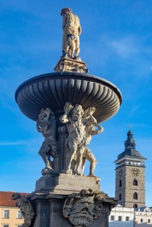Black Tower and Samson Fountain at Premysl Otakar II Square in the historic old town of Ceske Budejovice