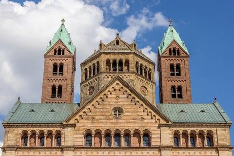 Upper part with roof and towers The Kaiserdom zu Speyer also called Speyerer Dom or Domkirche St Maria und St Stephan