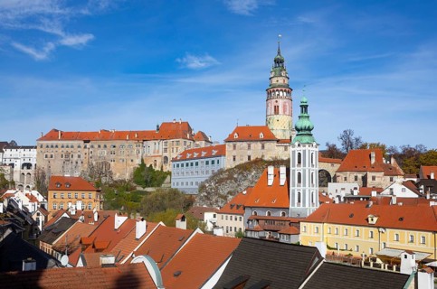 View of the historic old town of Krumlov with Schwarzenberg Castle and St Jodokus Church